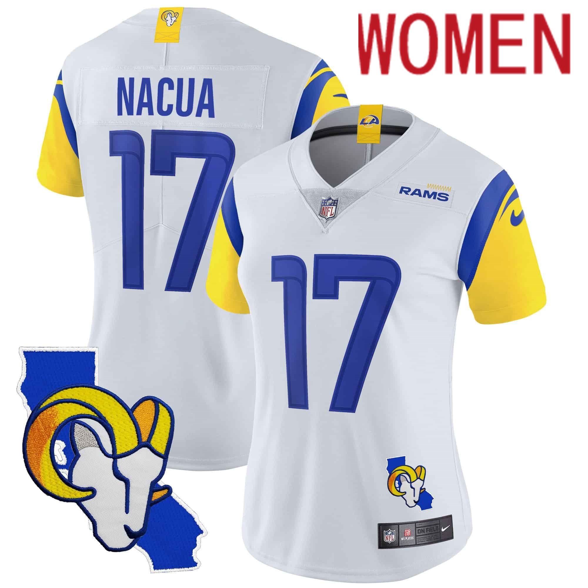 Women Los Angeles Rams #17 Nacua White 2024 Nike California Patch Vapor Limited NFL Jersey